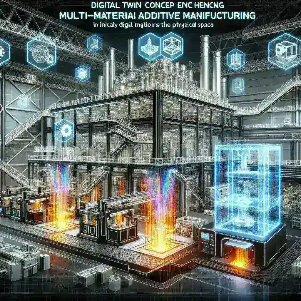 "Imagem ilustrativa de gêmeos digitais aplicados na manufatura aditiva multimaterial, mostrando simulações de produção e tecnologias inovadoras em um ambiente industrial moderno."