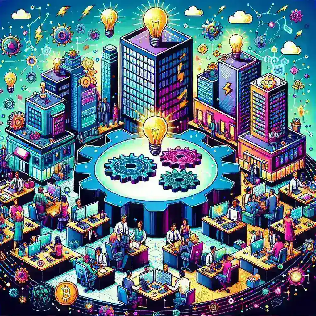 "Imagem de um hub de startups no Brasil, ilustrando a inovação em machine learning e blockchain, com empreendedores colaborando em um ambiente moderno e tecnológico."