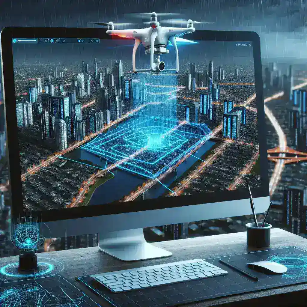 "Ilustração de um gráfico de previsão de enchentes urbanas, destacando como a inteligência artificial analisa dados meteorológicos e de infraestrutura para prevenir desastres em áreas urbanas."