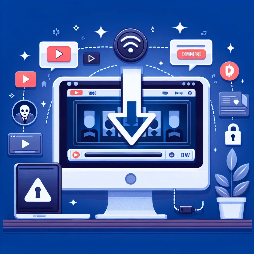 "Passo a passo para baixar vídeos do YouTube: Ilustração do guia completo para download seguro, mostrando um dispositivo com a interface do YouTube e ícones de download."